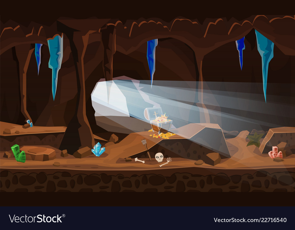 Treasure cave with chest gold coins gems Vector Image