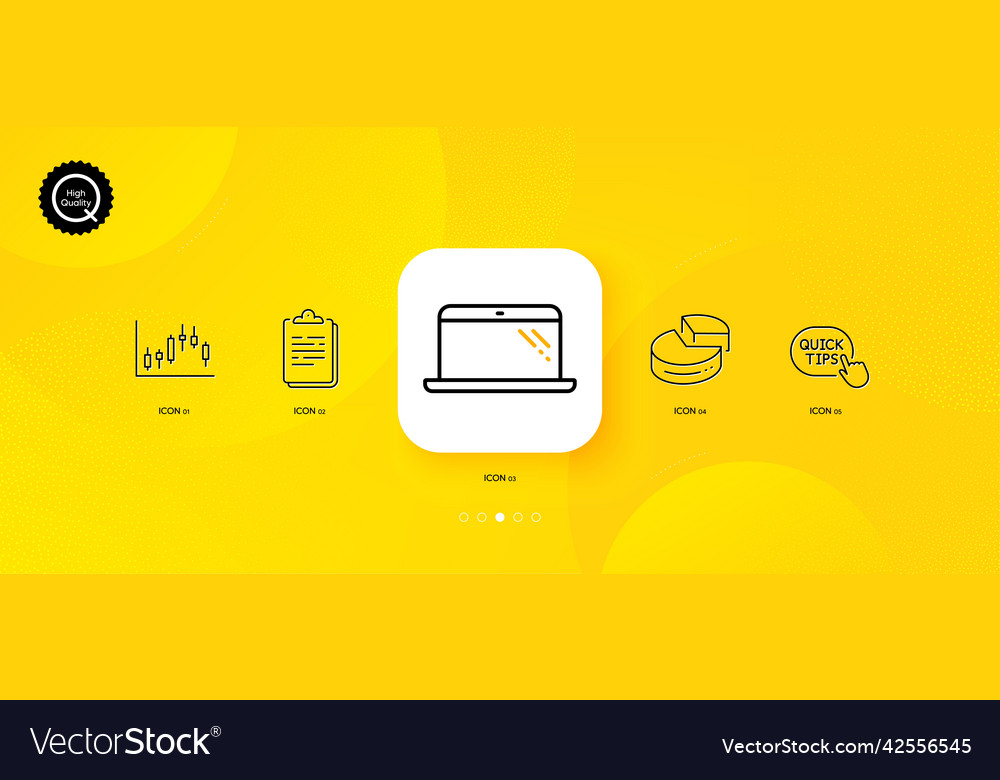 Candlestick graph pie chart and clipboard minimal vector image Candlestick graph pie chart and clipboard minimal