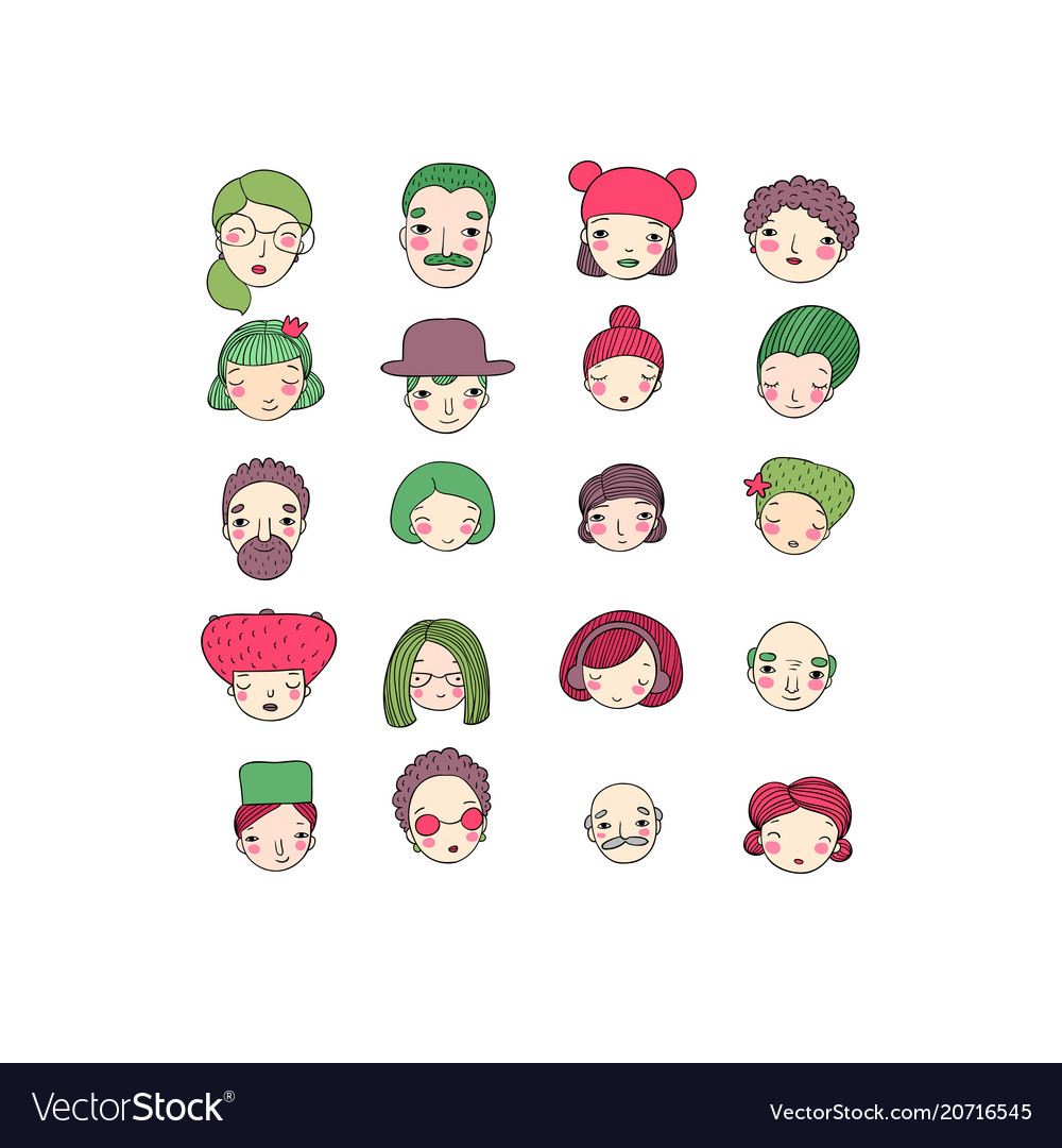 Different faces hand drawing isolated objects vector image Different faces hand drawing isolated objects