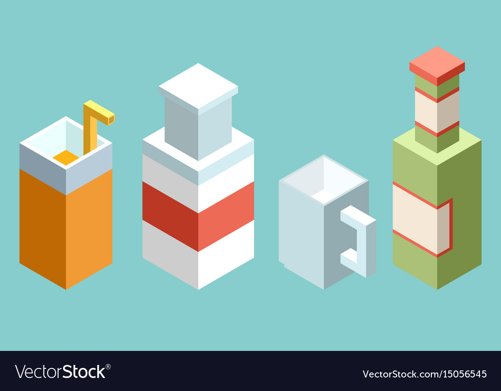 Set of stylized isometric cups and glasses