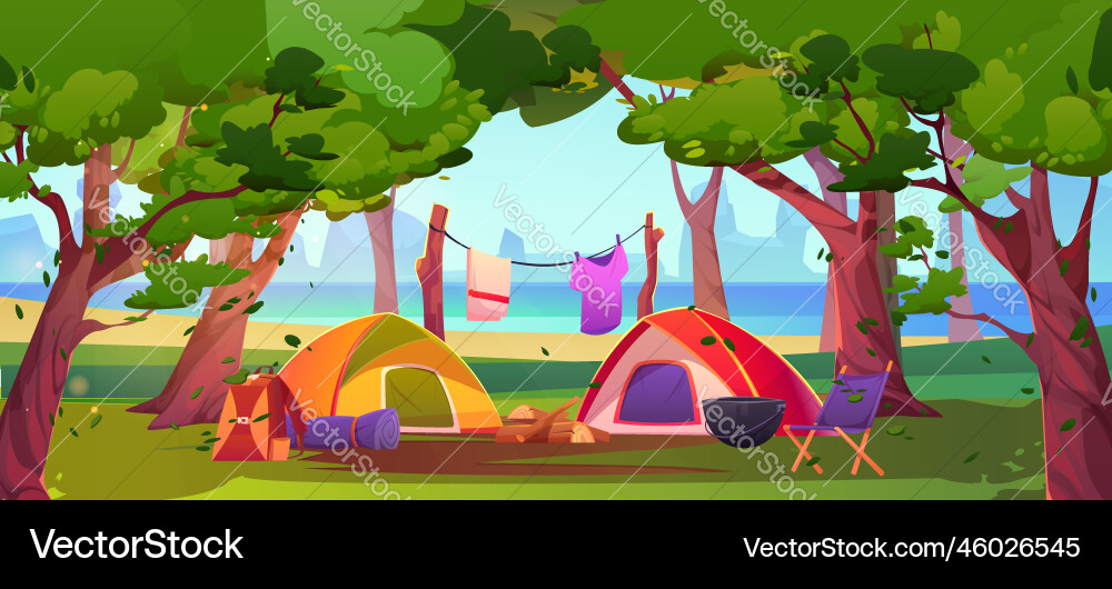 Summer camp in forest with tents and campfire Vector Image