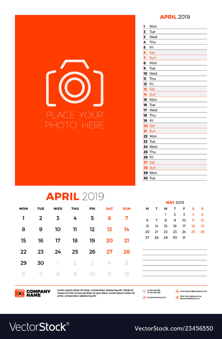 Wall calendar planner template for april 2019