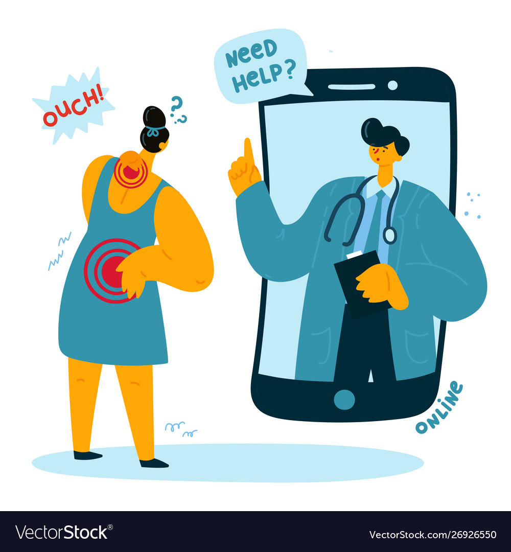 Woman went to doctor because backneck pain vector image Woman went to doctor because backneck pain
