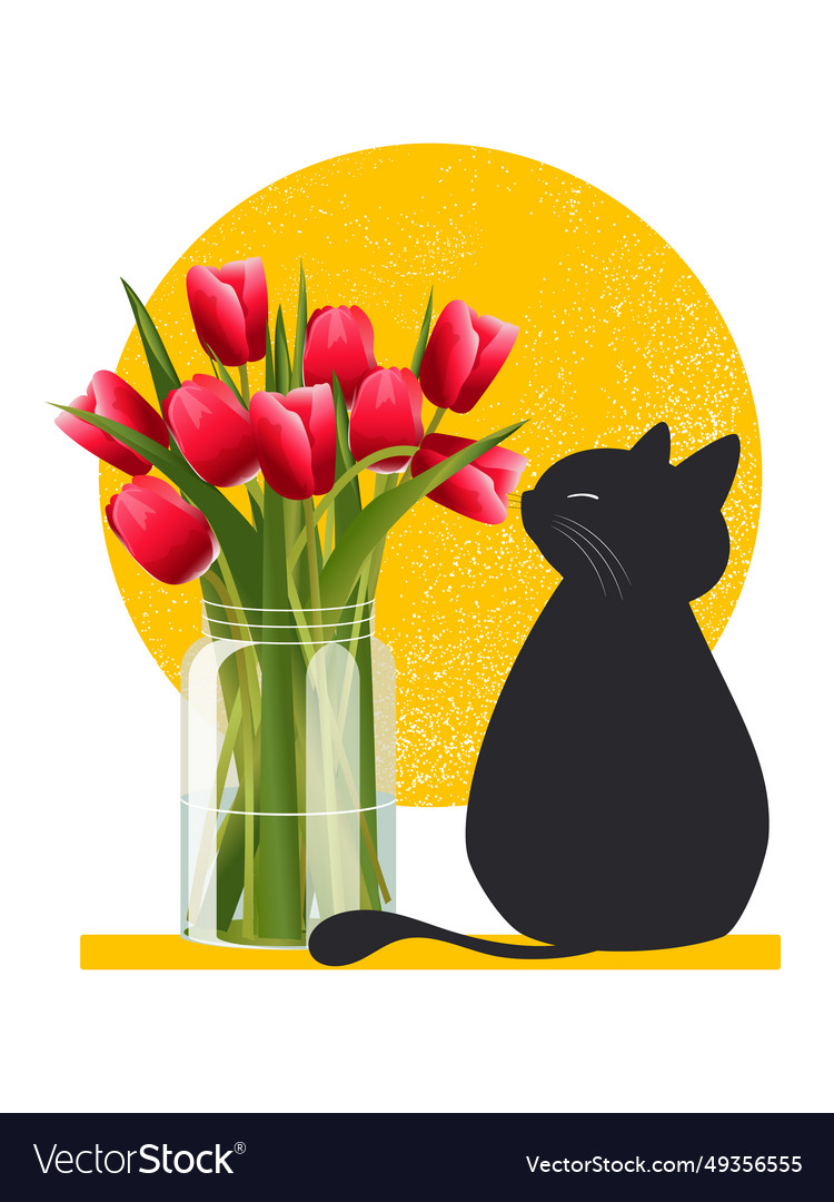 Black cat sits with his back smelling tulips