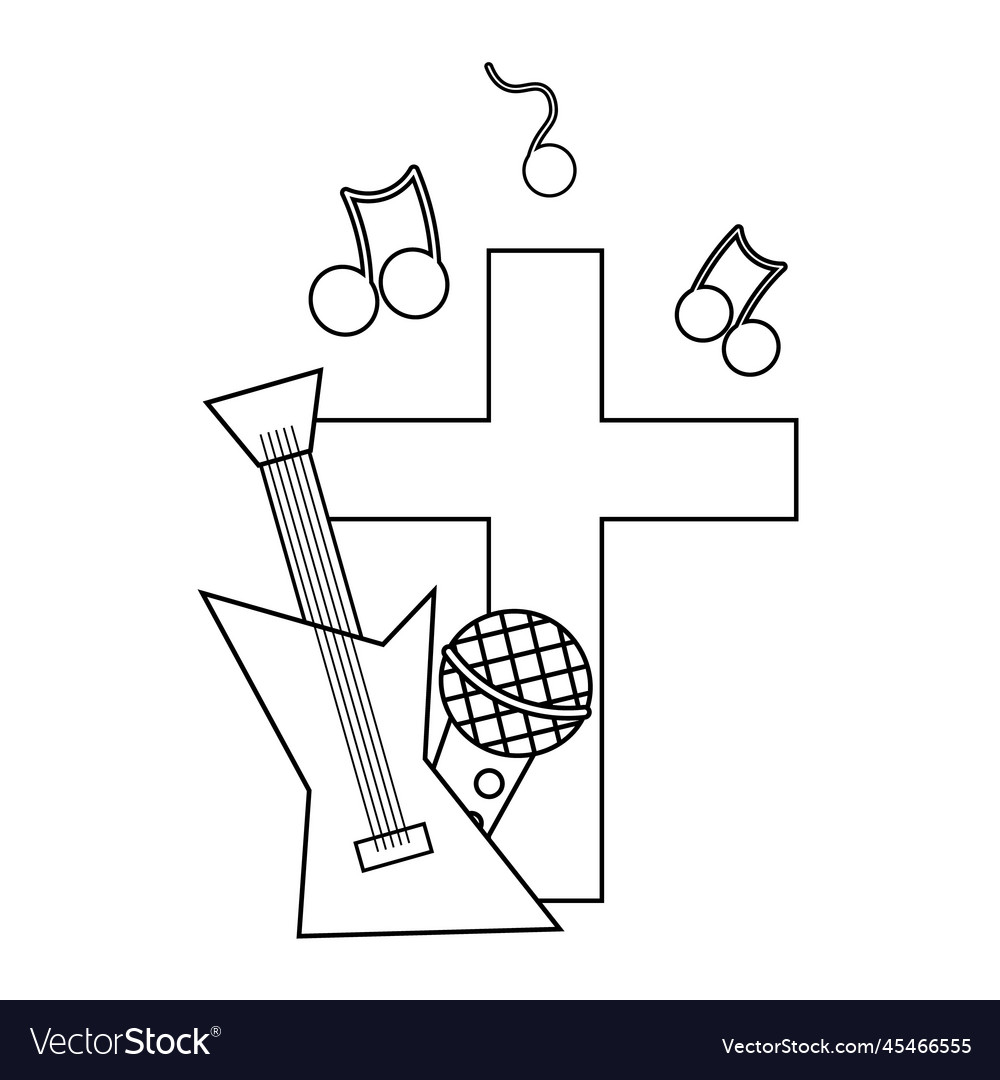 Cross and music microphone guitar in black vector image Cross and music microphone guitar in black