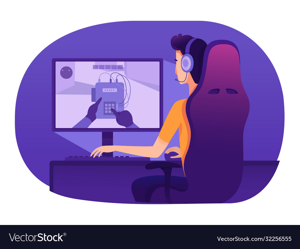 Man in headset playing video game at computer vector image Man in headset playing video game at computer