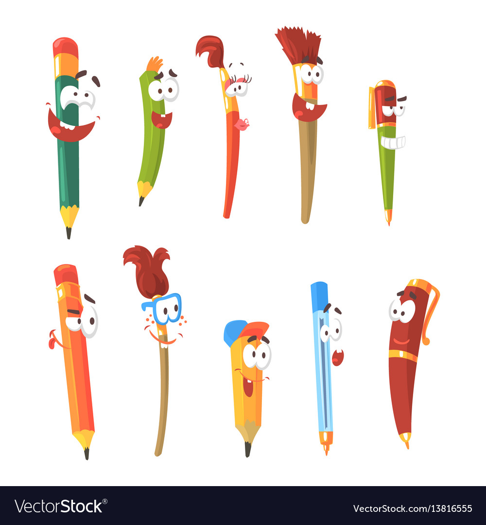 Smiling pen pencils and brushes set animated Vector Image