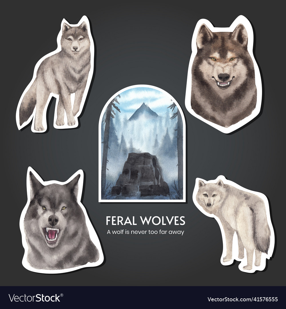 Sticker template with wolf in winter