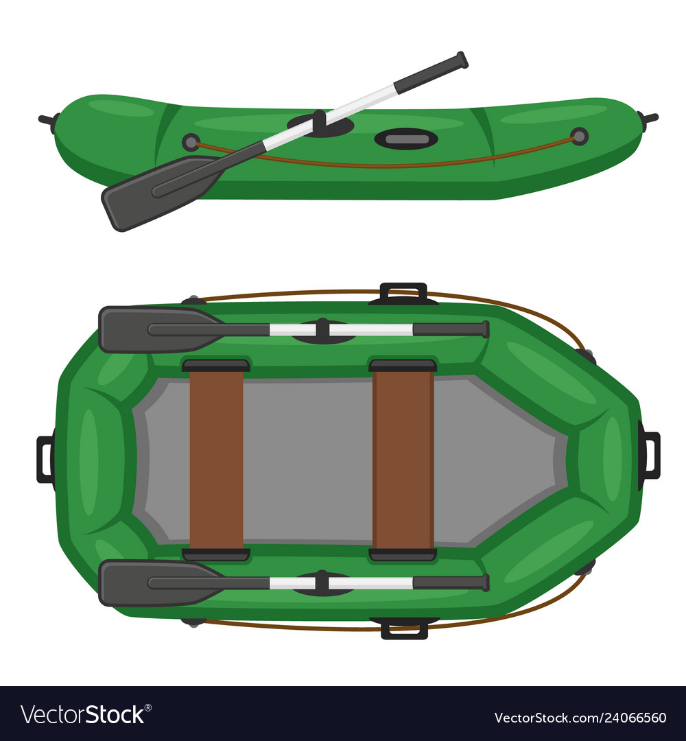 Inflatable boat with oars top and side view