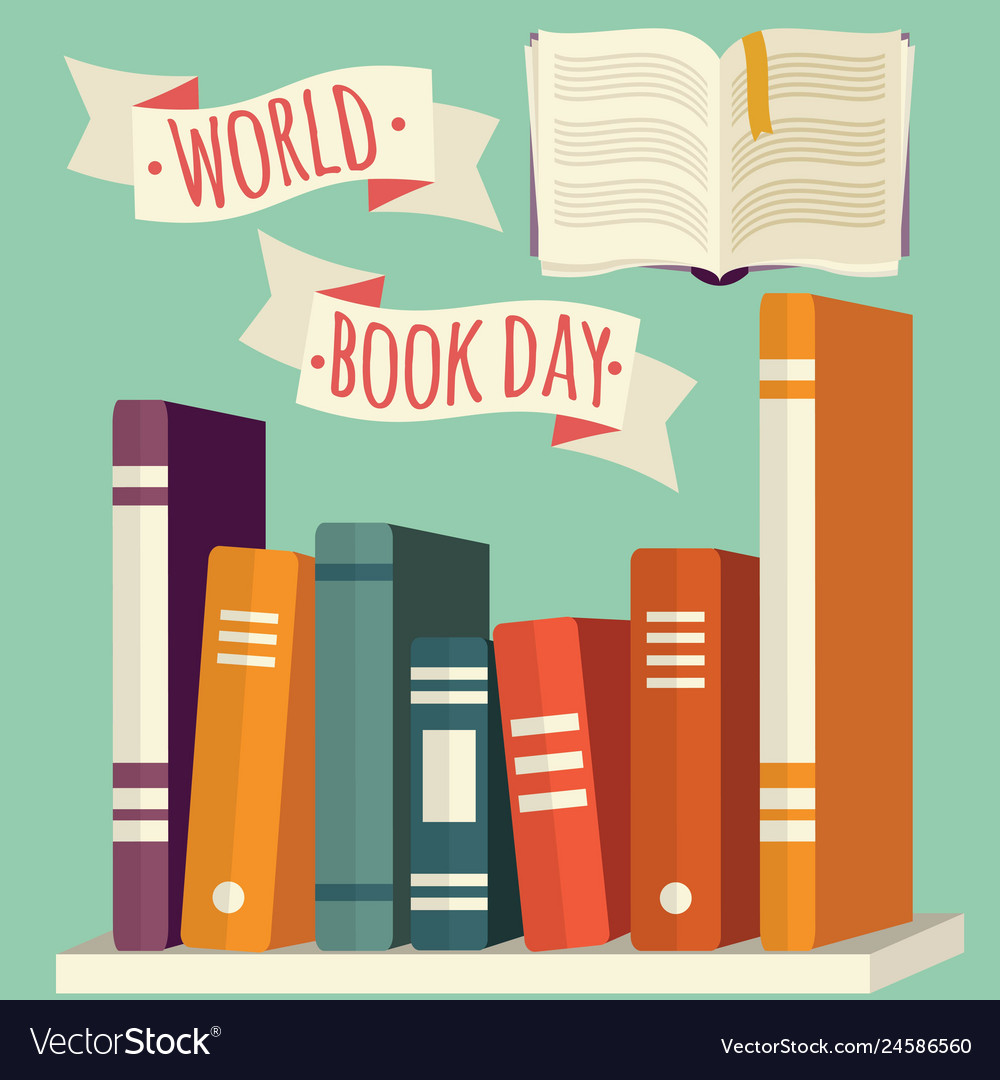 World Book Day Books On Shelf With Festive Banner Vector Image