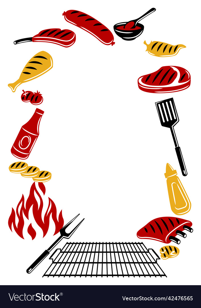 Bbq frame with grill objects and icons stylized vector image Bbq frame with grill objects and icons stylized