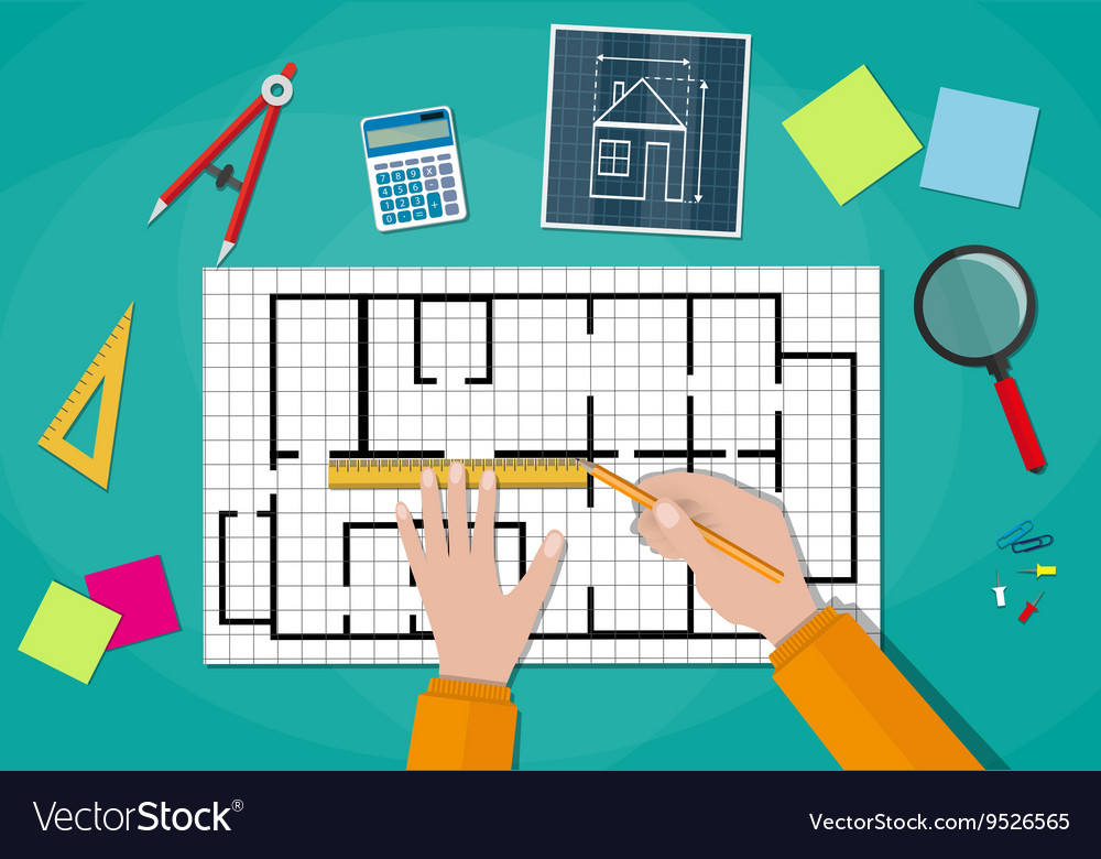 Engineer hands working on blueprint