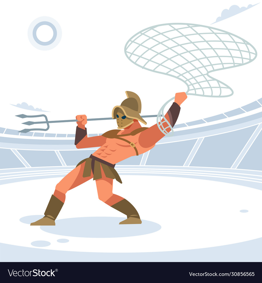 Gladiator in arena with a grid and trident vector image Gladiator in arena with a grid and trident