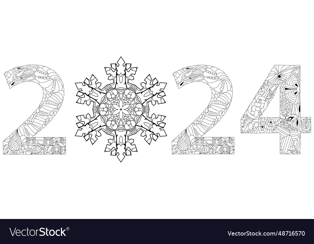 2024 number design with snowflake for coloring vector image 2024 number design with snowflake for coloring