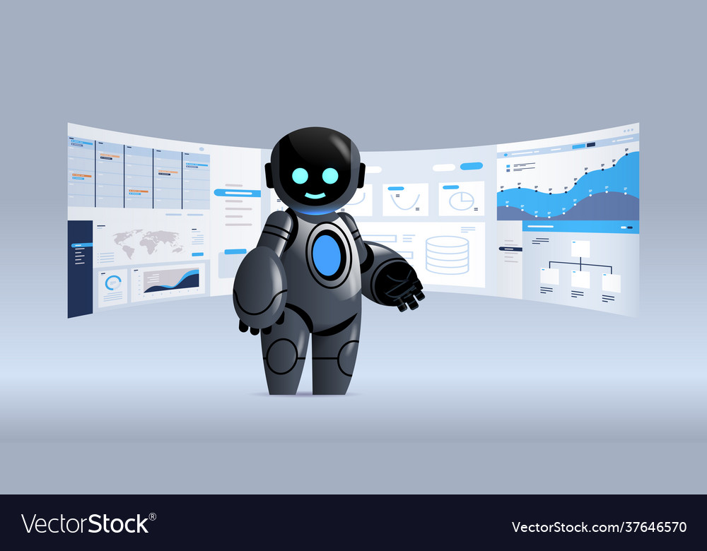 Black robot analyzing statistics financial data vector image Black robot analyzing statistics financial data