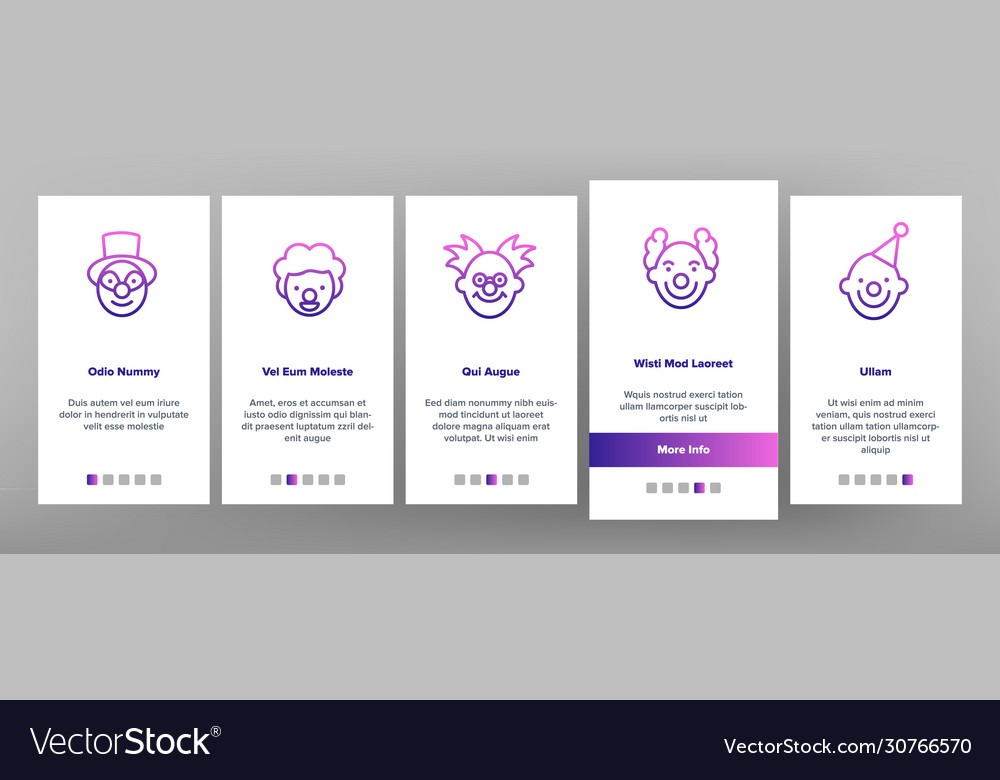 Clown circus character onboarding icons set Vector Image Clown circus character onboarding icons set