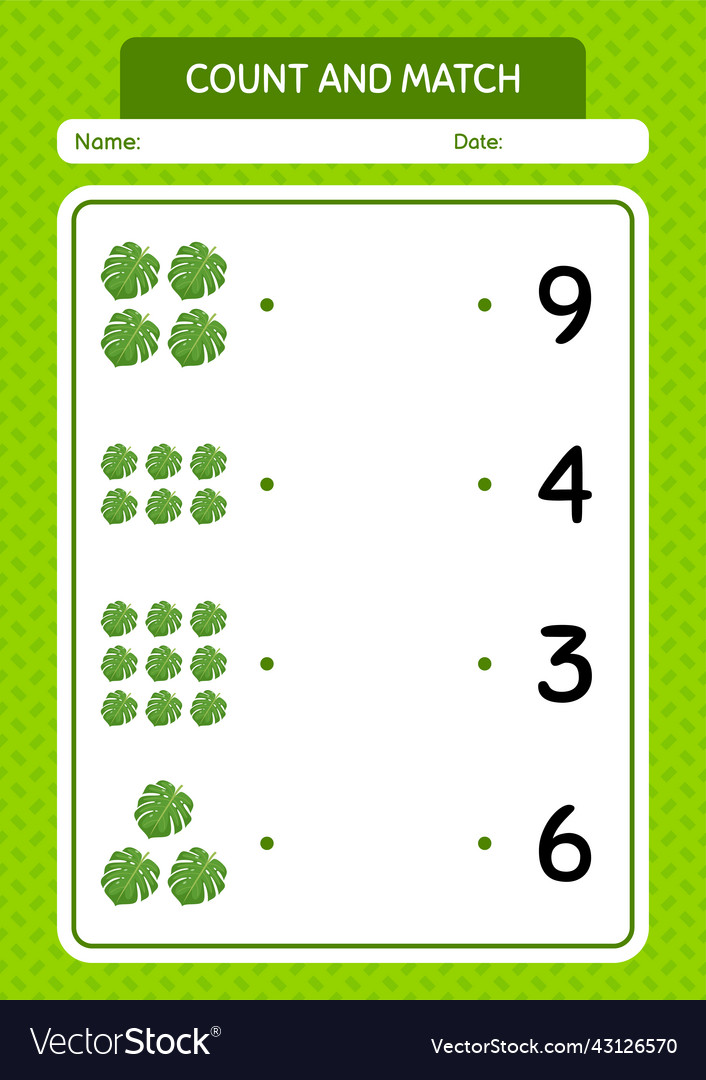 Count and match game with monstera leaf worksheet