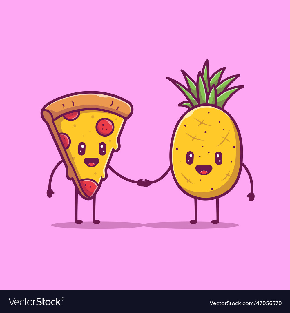 Cute pizza shaking hands with pineapple cartoon Vector Image
