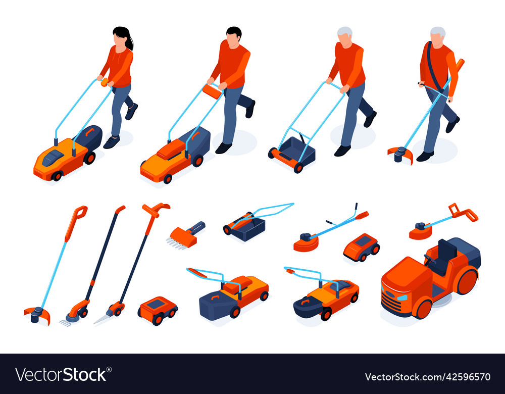 Isometric lawn mover set vector image Isometric lawn mover set