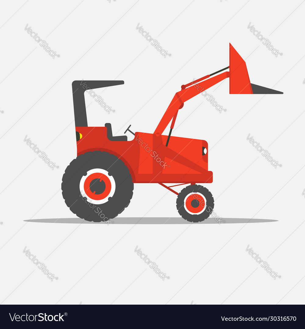Red open cab farm tractor with loader in front