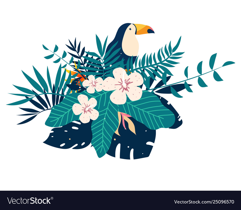 Toucan embroidery patches with tropical flowers vector image Toucan embroidery patches with tropical flowers