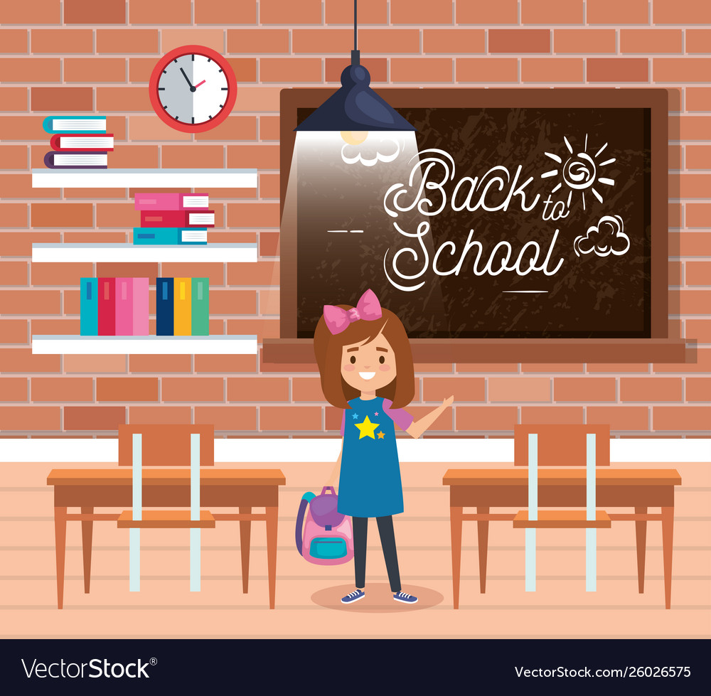 Girl student in classroom with books and desks