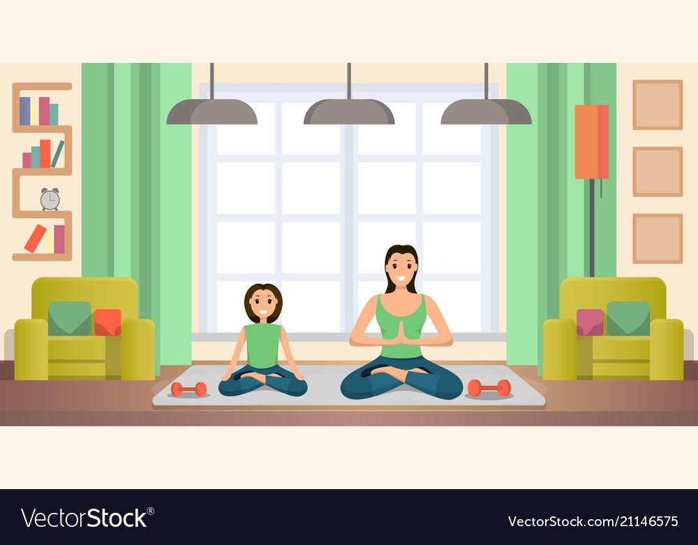 Mother and daughter practicing yoga flat