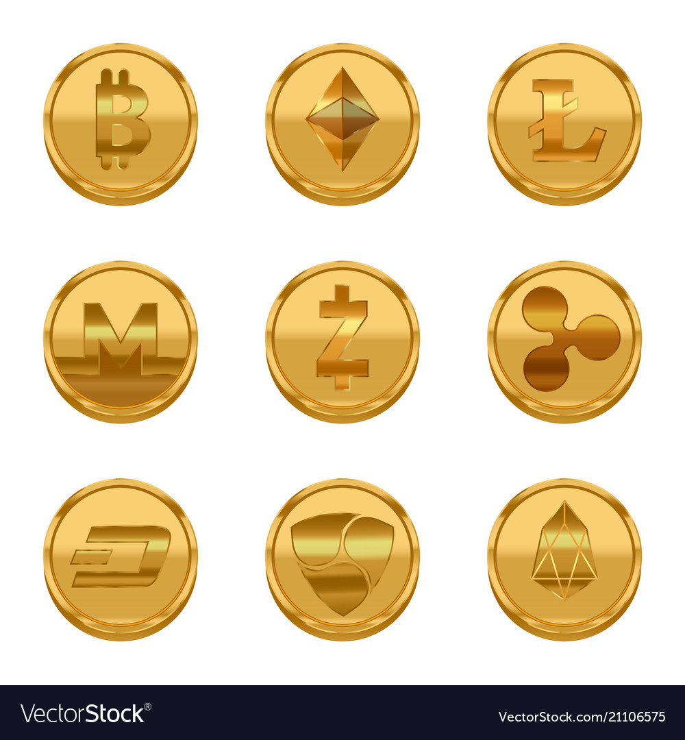 Realistic detailed 3d golden cryptocurrency icons vector image Realistic detailed 3d golden cryptocurrency icons