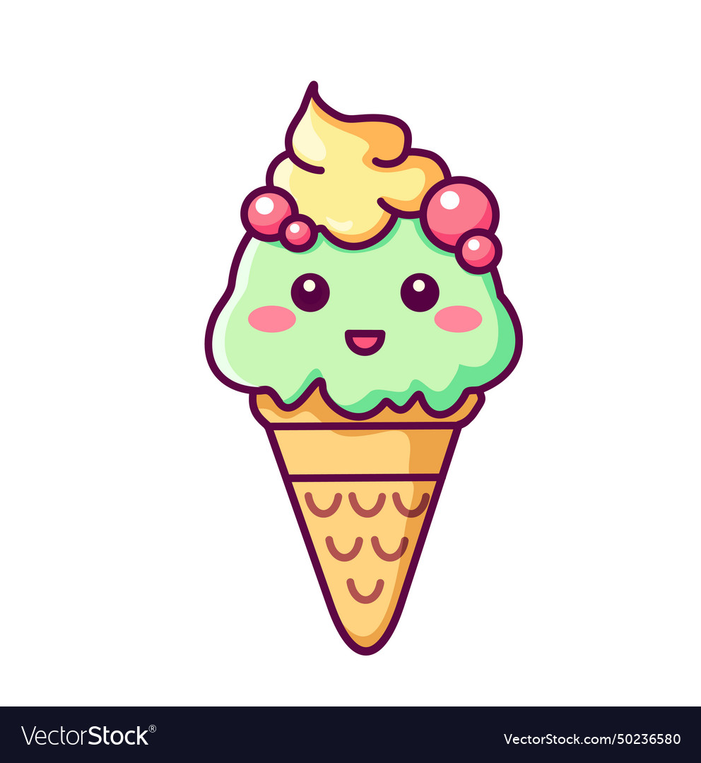 Cute waffle cone ice cream kawaii style Royalty Free Vector