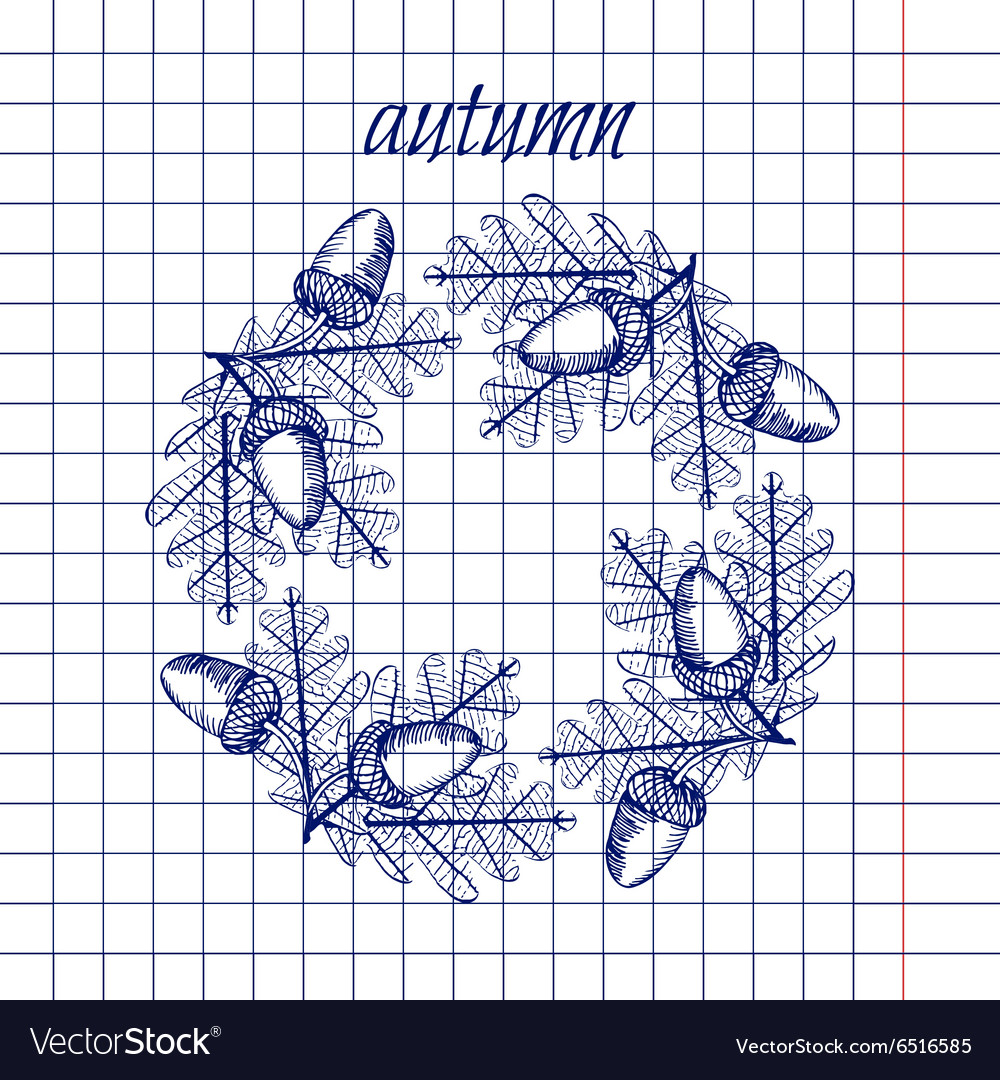 Leaf with acorn in square lined exercise book