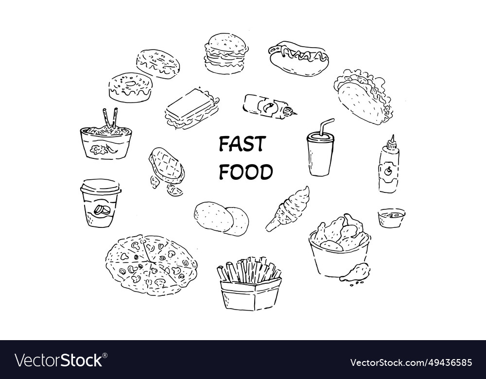 Round background fast food set in sketch outline Vector Image