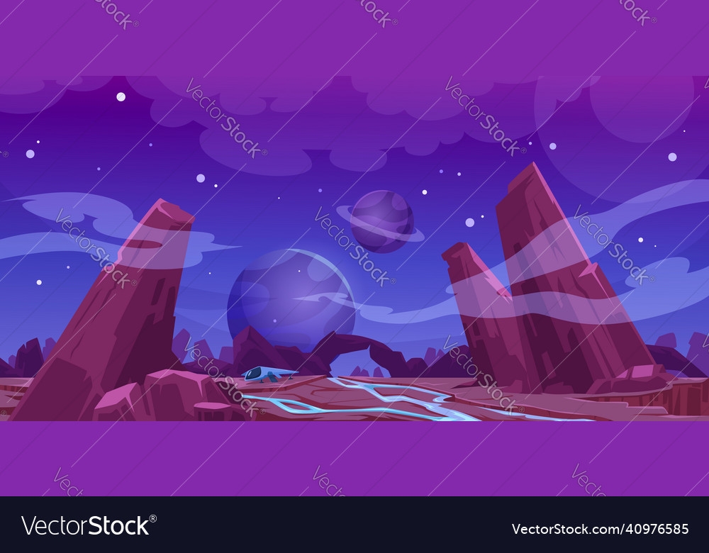 Spaceship on alien planet surface at night Vector Image