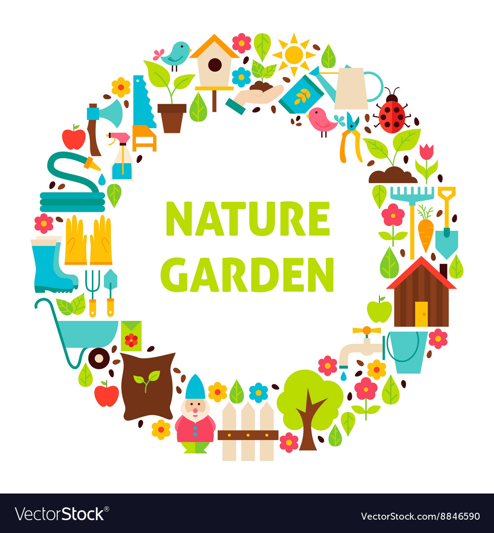 Flat circle set of nature garden objects over
