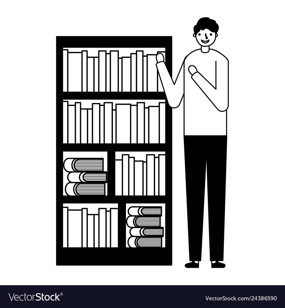 Man with bookshelf books literature