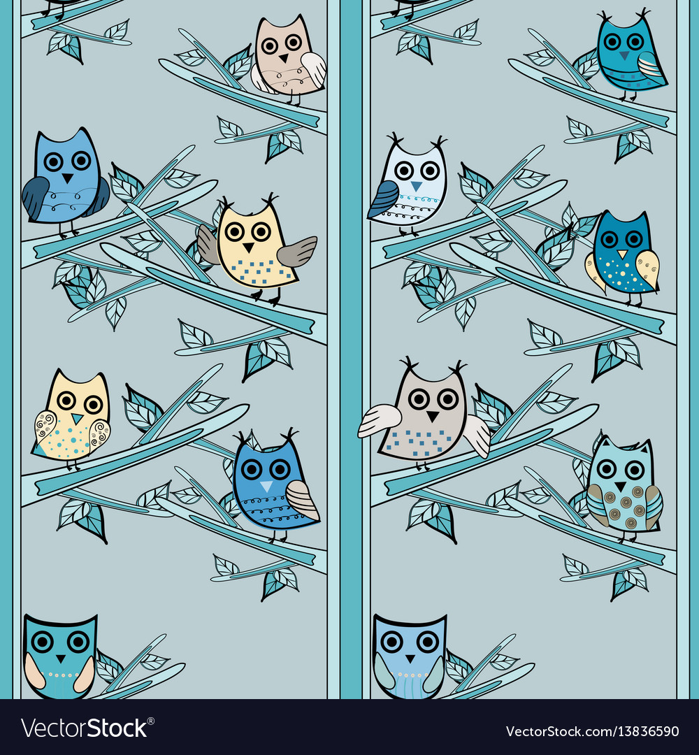 Owl tree branch vertical seamless pattern