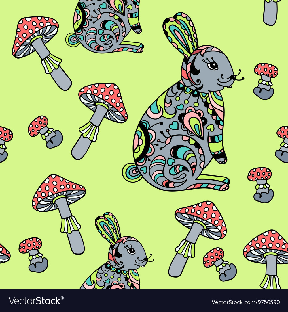 Seamless pattern with mushroom and bunny