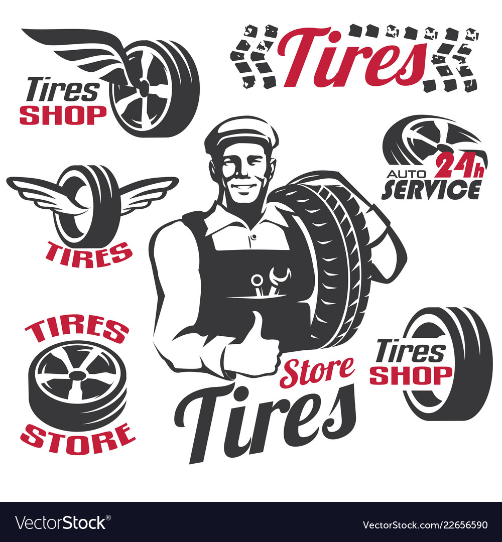 Tires shop or service retro emblem and labels Vector Image