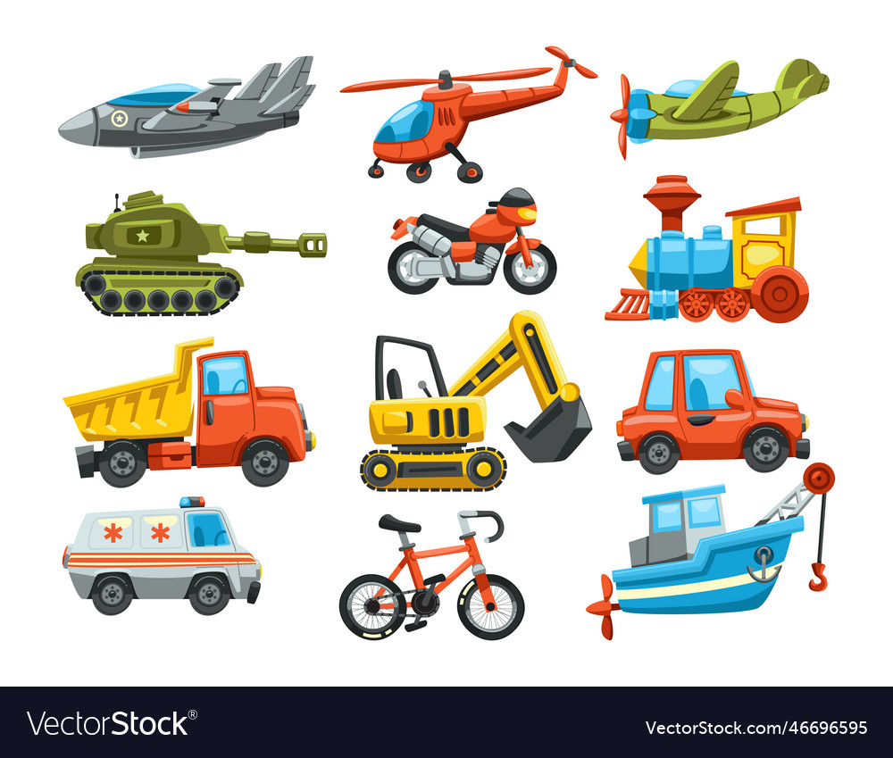 Different transport toys for kids flat Royalty Free Vector