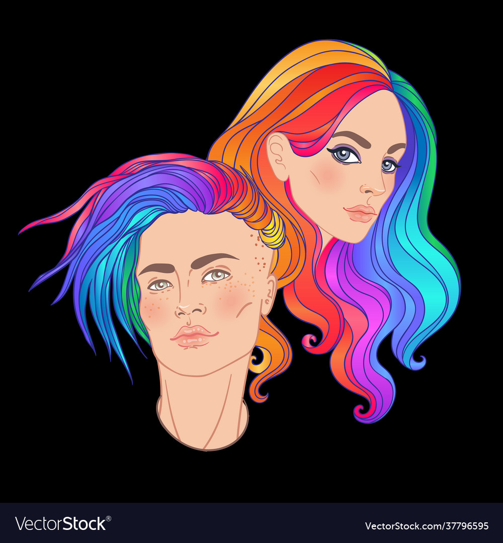 Lesbian couple with rainbow hair non binary Vector Image Lesbian couple with rainbow hair non binary