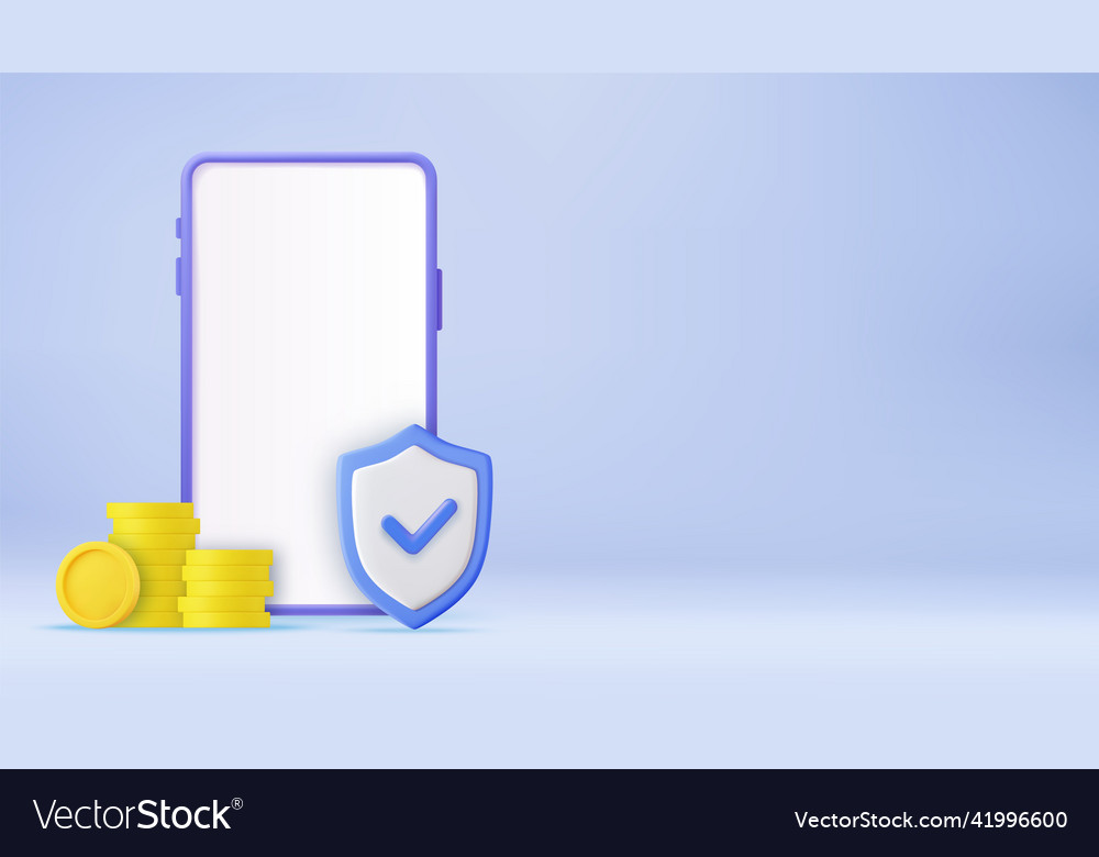 3d phone coin and shield with check security vector image 3d phone coin and shield with check security