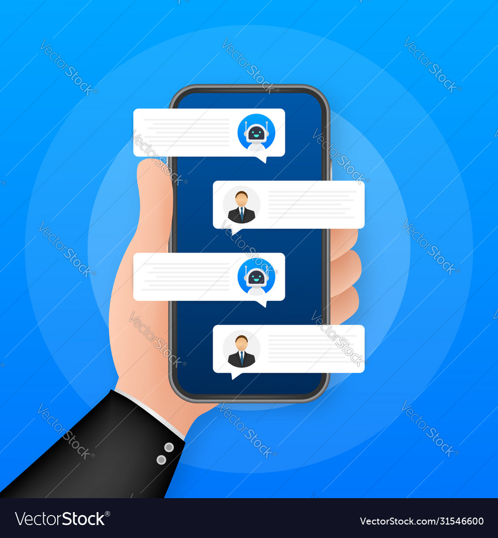 Chat bot robot concept on smartphone screen vector image Chat bot robot concept on smartphone screen