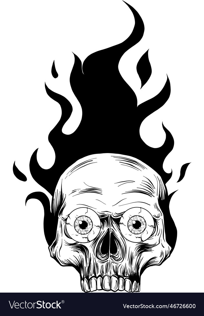 Monochrome skull on fire with flames Royalty Free Vector