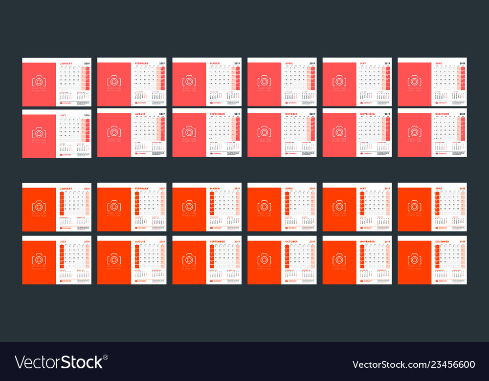 Wall calendar template for 2019 year week starts vector image Wall calendar template for 2019 year week starts