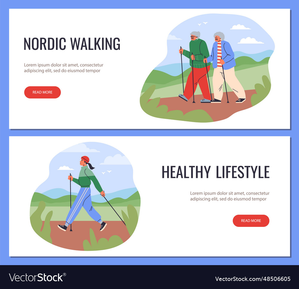 Nordic walking web banners set flat