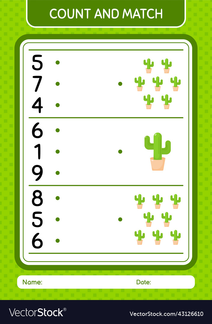 Count and match game with cactus worksheet