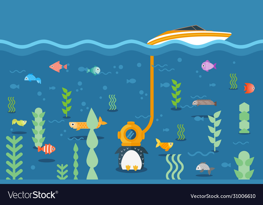 Penguin explores underwater world with three-cap vector image Penguin explores underwater world with three-cap