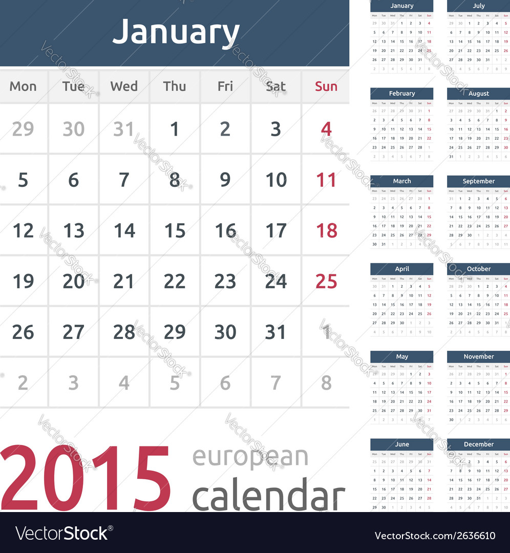 Simple european 2015 year calendar