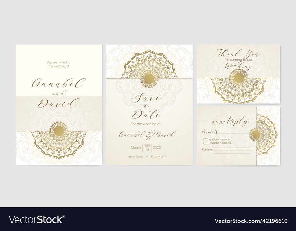 Wedding invitation 4 templates with gold mandala