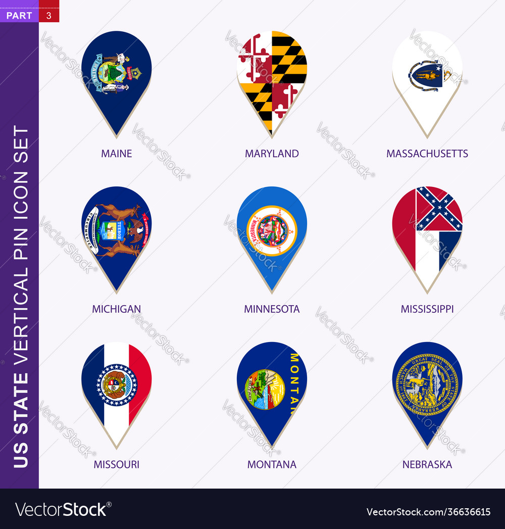 Vertical pin icon set 9 us staes flag