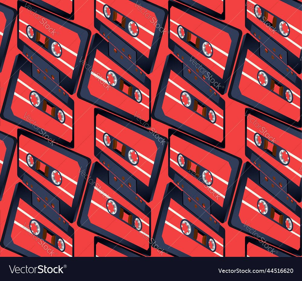 Compact cassette seamless pattern with floating vector image Compact cassette seamless pattern with floating